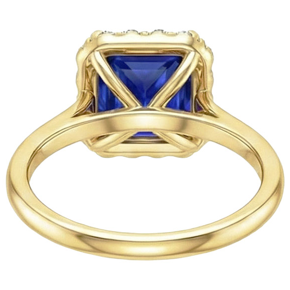 Yellow Gold Natural Earth Mined Diamond Halo Ring With Princess Cut Blue Sapphire 6 Carats