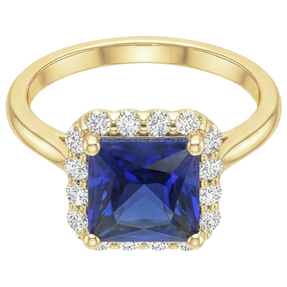 Yellow Gold Natural Earth Mined Diamond Halo Ring With Princess Cut Blue Sapphire 6 Carats