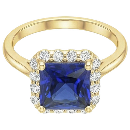 Yellow Gold Natural Earth Mined Diamond Halo Ring With Princess Cut Blue Sapphire 6 Carats