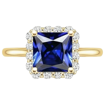 Yellow Gold Natural Earth Mined Diamond Halo Ring With Princess Cut Blue Sapphire 6 Carats