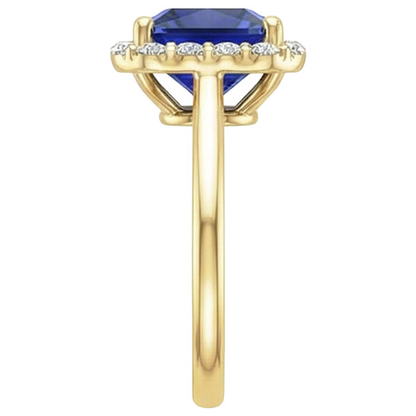 Yellow Gold Natural Earth Mined Diamond Halo Ring With Princess Cut Blue Sapphire 6 Carats