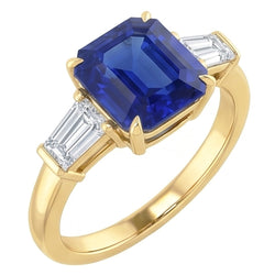 Yellow Gold Natural Earth Mined Diamond Ring 2 Carats Asscher Cut Ceylon Sapphire 3 Stone