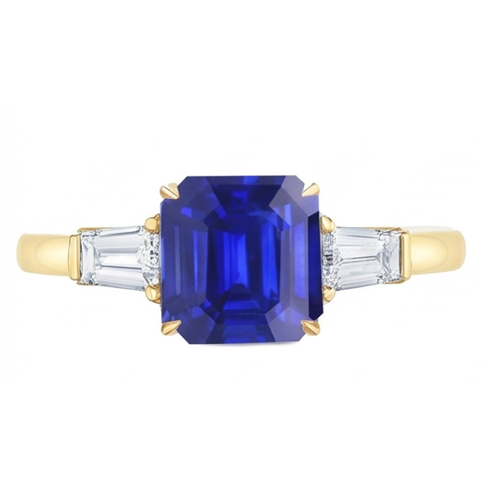 Yellow Gold Natural Earth Mined Diamond Ring 2 Carats Asscher Cut Ceylon Sapphire 3 Stone