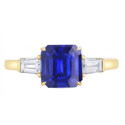 Yellow Gold Natural Earth Mined Diamond Ring 2 Carats Asscher Cut Ceylon Sapphire 3 Stone