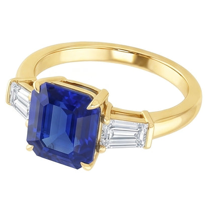 Yellow Gold Natural Earth Mined Diamond Ring 2 Carats Asscher Cut Ceylon Sapphire 3 Stone