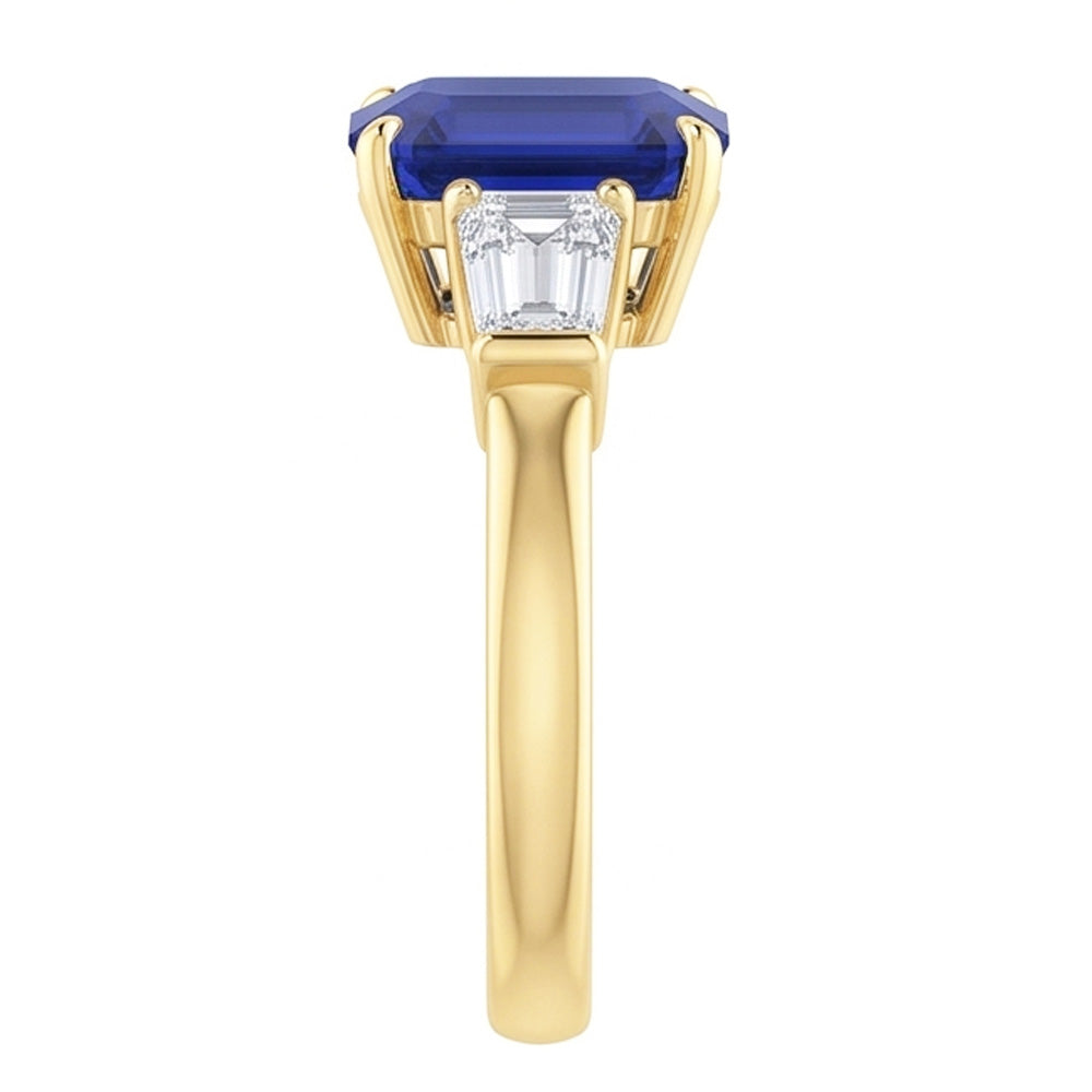 Yellow Gold Natural Earth Mined Diamond Ring 2 Carats Asscher Cut Ceylon Sapphire 3 Stone