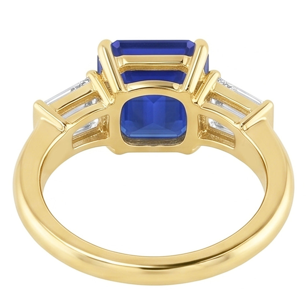 Yellow Gold Natural Earth Mined Diamond Ring 2 Carats Asscher Cut Ceylon Sapphire 3 Stone