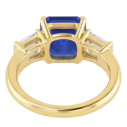 Yellow Gold Natural Earth Mined Diamond Ring 2 Carats Asscher Cut Ceylon Sapphire 3 Stone