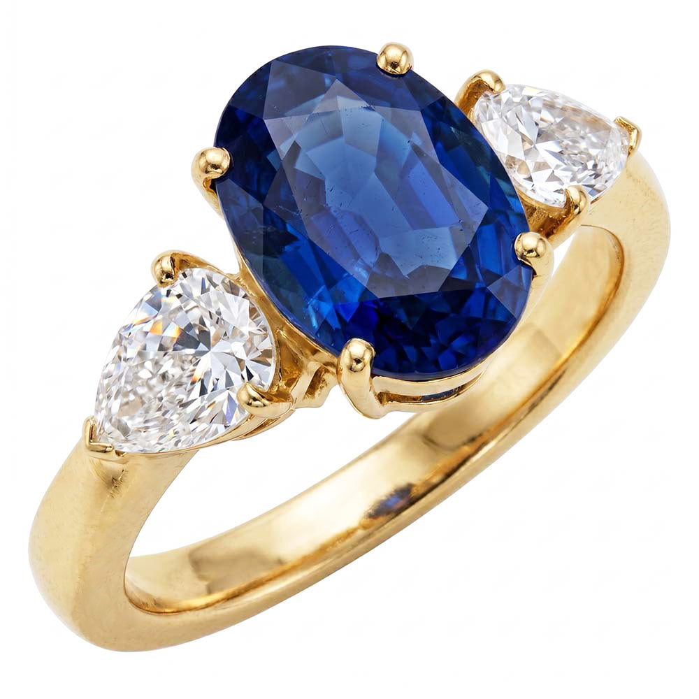 Yellow Gold Oval Blue Sapphire & Pear Natural Earth Mined Diamond 3 Stone Ring 5.25 Carats