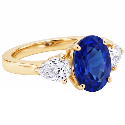 Yellow Gold Oval Blue Sapphire & Pear Natural Earth Mined Diamond 3 Stone Ring 5.25 Carats