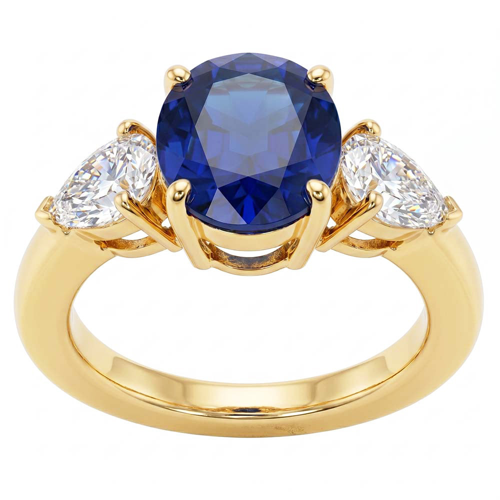 Yellow Gold Oval Blue Sapphire & Pear Natural Earth Mined Diamond 3 Stone Ring 5.25 Carats