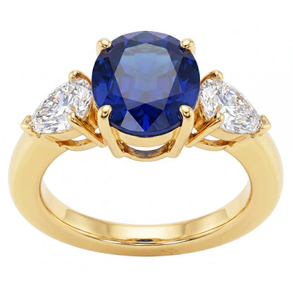Yellow Gold Oval Blue Sapphire & Pear Natural Earth Mined Diamond 3 Stone Ring 5.25 Carats