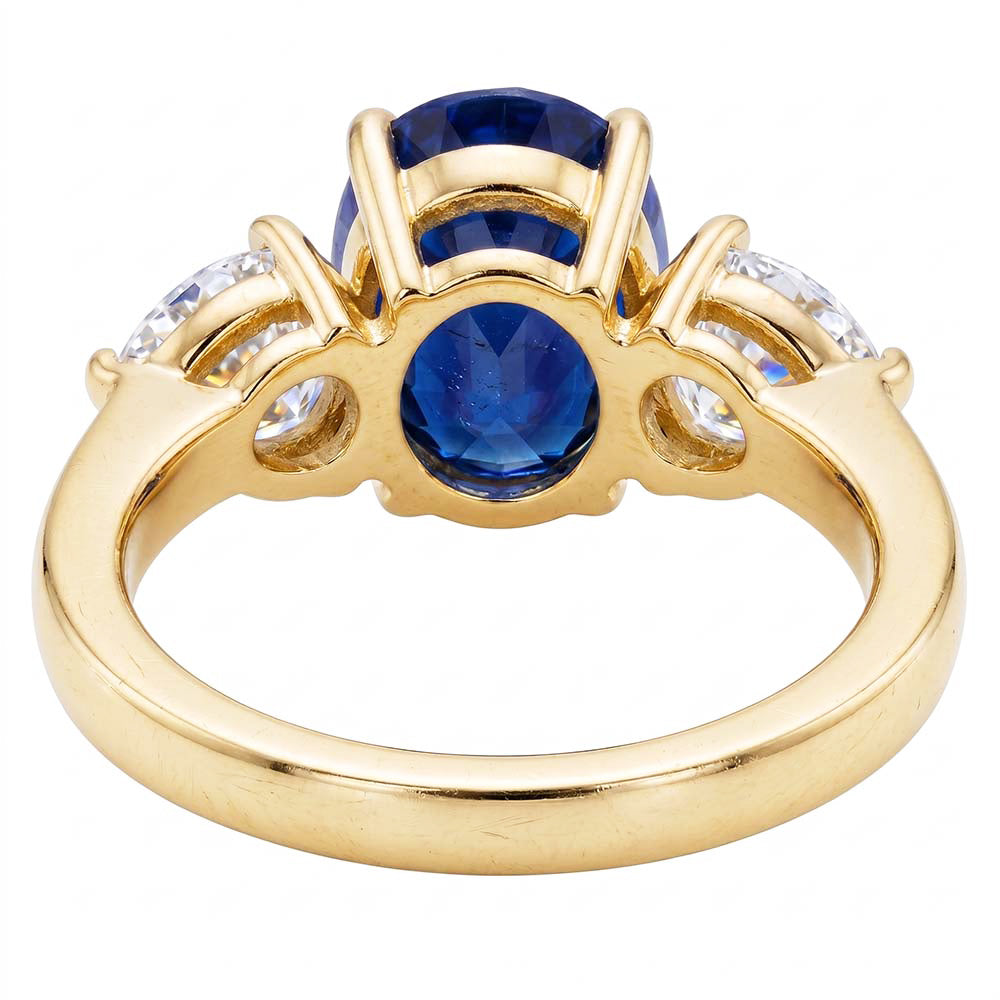 Yellow Gold Oval Blue Sapphire & Pear Natural Earth Mined Diamond 3 Stone Ring 5.25 Carats