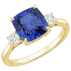 Yellow Gold Round Natural Earth Mined Diamond & Cushion Blue Sapphire Ring 2.75 Carats New