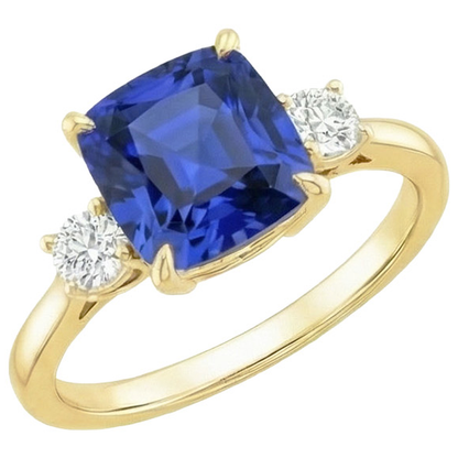 Yellow Gold Round Natural Earth Mined Diamond & Cushion Blue Sapphire Ring 2.75 Carats New