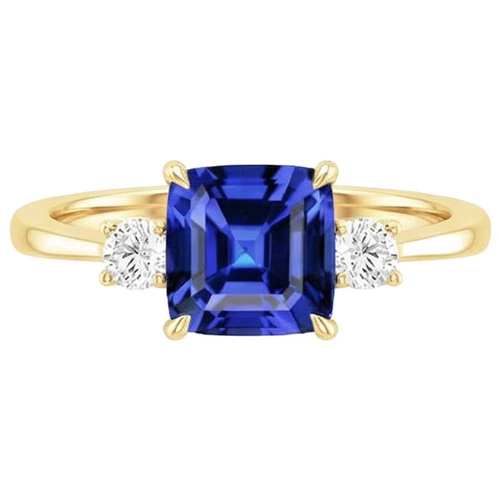 Yellow Gold Round Natural Earth Mined Diamond & Cushion Blue Sapphire Ring 2.75 Carats New