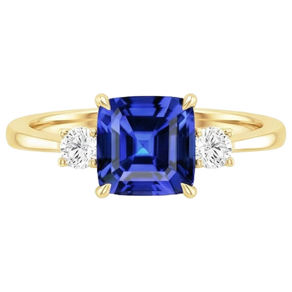 Yellow Gold Round Natural Earth Mined Diamond & Cushion Blue Sapphire Ring 2.75 Carats New