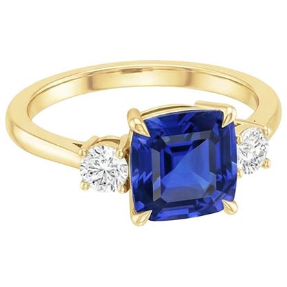 Yellow Gold Round Natural Earth Mined Diamond & Cushion Blue Sapphire Ring 2.75 Carats New