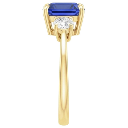Yellow Gold Round Natural Earth Mined Diamond & Cushion Blue Sapphire Ring 2.75 Carats New