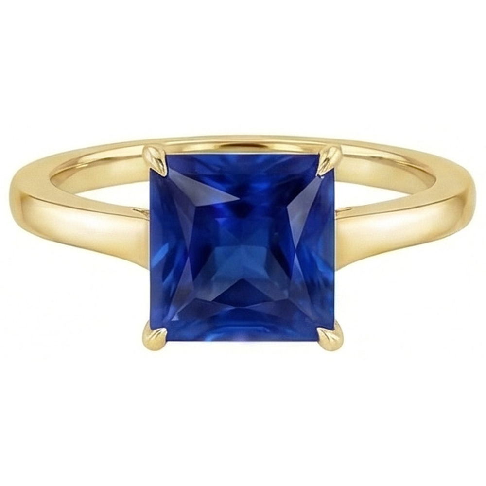 Natural Real ( Not Lab Grown )  Yellow Gold Solitaire Ring Princess Blue Sapphire Gemstone 5 Carats