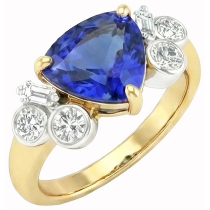 Yellow Gold Trillion Cut Sri Lanka Sapphire Natural Earth Mined Diamonds 6.11 Ct. Ring