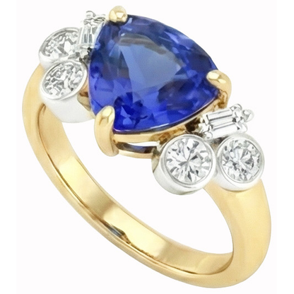 Yellow Gold Trillion Cut Sri Lanka Sapphire Natural Earth Mined Diamonds 6.11 Ct. Ring