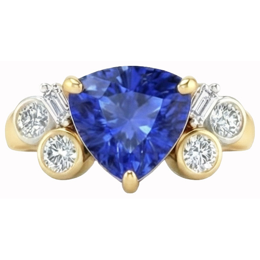 Yellow Gold Trillion Cut Sri Lanka Sapphire Natural Earth Mined Diamonds 6.11 Ct. Ring
