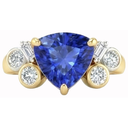 Yellow Gold Trillion Cut Sri Lanka Sapphire Natural Earth Mined Diamonds 6.11 Ct. Ring