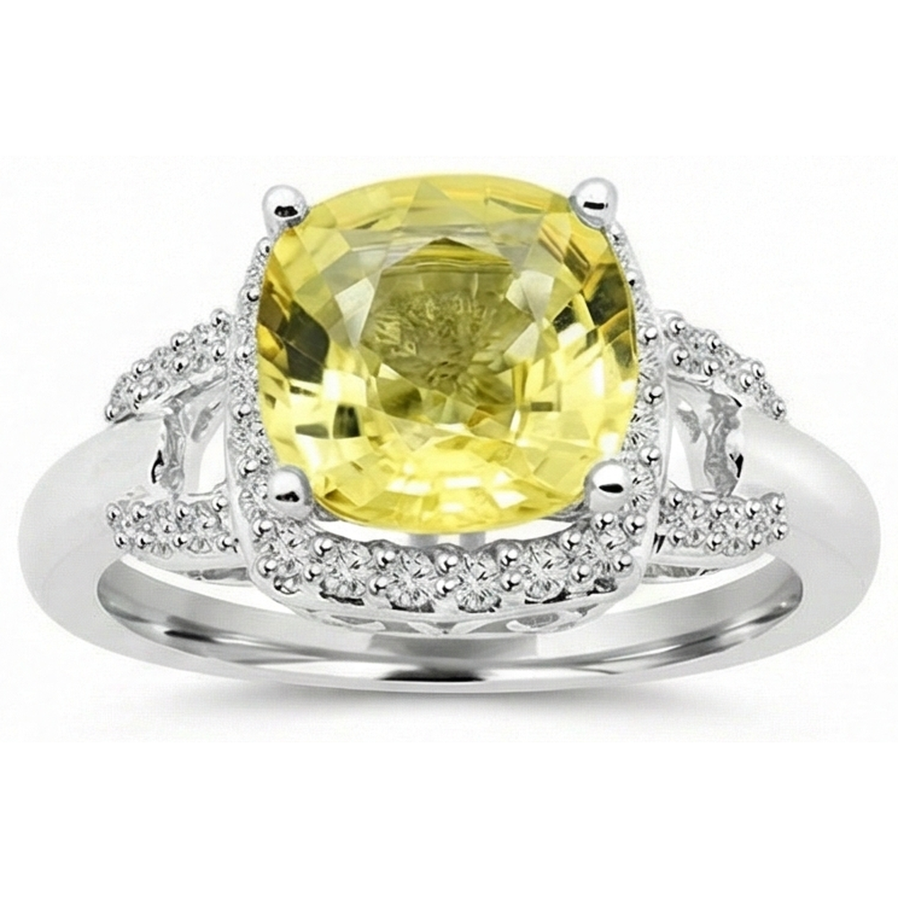 Yellow Sapphire And Natural Earth Mined Diamonds 4 Carats Ring White Gold 14K
