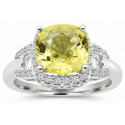 Yellow Sapphire And Natural Earth Mined Diamonds 4 Carats Ring White Gold 14K