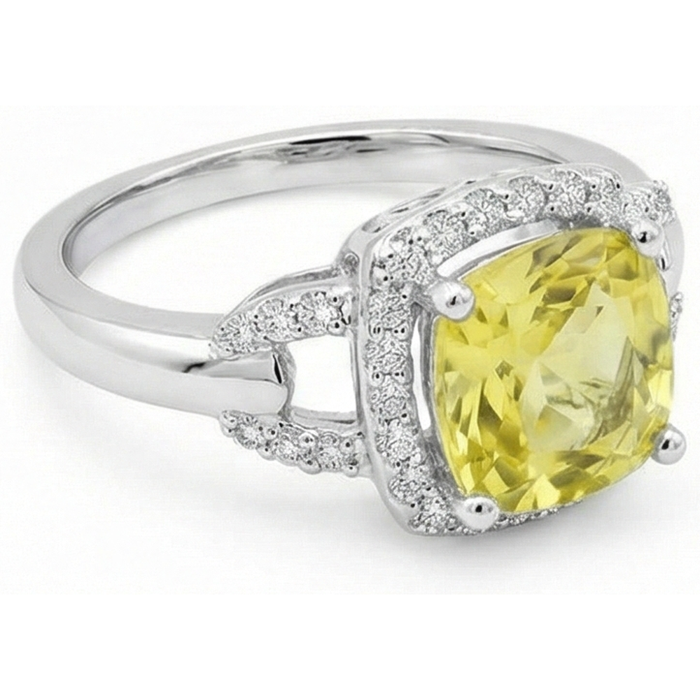 Yellow Sapphire And Natural Earth Mined Diamonds 4 Carats Ring White Gold 14K