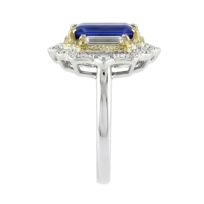 Yellow & White Gold Emerald Cut Blue Sapphire Natural Earth Mined Diamond Ring 6.75 Carats