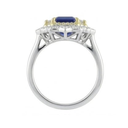 Yellow & White Gold Emerald Cut Blue Sapphire Natural Earth Mined Diamond Ring 6.75 Carats