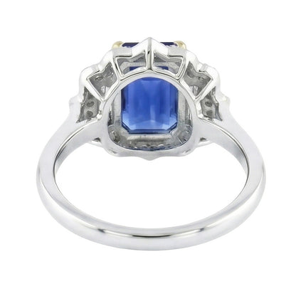 Yellow & White Gold Emerald Cut Blue Sapphire Natural Earth Mined Diamond Ring 6.75 Carats