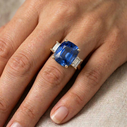 Yellow Gold 3 Stone Ring Cushion Ceylon Color Sapphire & IGI CERTIFIED Diamonds 9 Carats