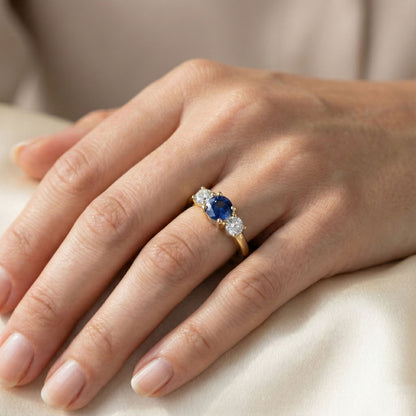 Yellow Gold 3 Stone Ring Round Blue Sapphire & Natural Earth Mined Diamonds 1.50 Carats