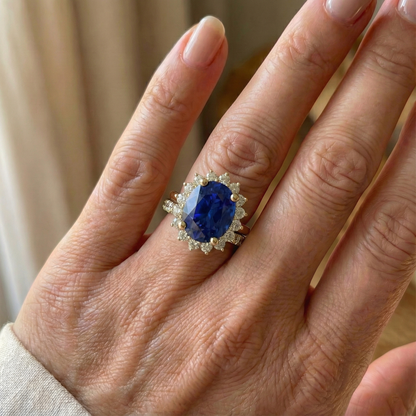 Yellow Gold Ceylon Sapphire Ring Set With Natural Earth Mined Diamond Accents 7.50 Carats