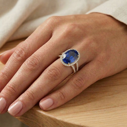Yellow Gold IGI CERTIFIED Diamond Engagement Ring Set Oval Ceylon Color Sapphire Jewelry
