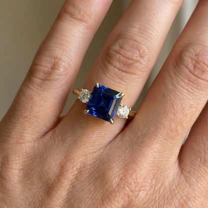 Yellow Gold Round Natural Earth Mined Diamond & Cushion Blue Sapphire Ring 2.75 Carats New