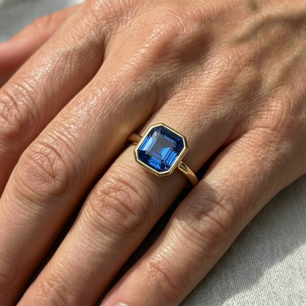 Natural Real ( Not Lab Grown )  Yellow Gold Solitaire Bezel Set Ceylon Sapphire Ring 5 Carats