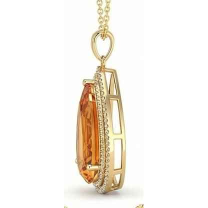 Yellow Gold 14K Pear Madeira Citrine With Round Natural Earth Mined Diamonds Pendant 21 Ct