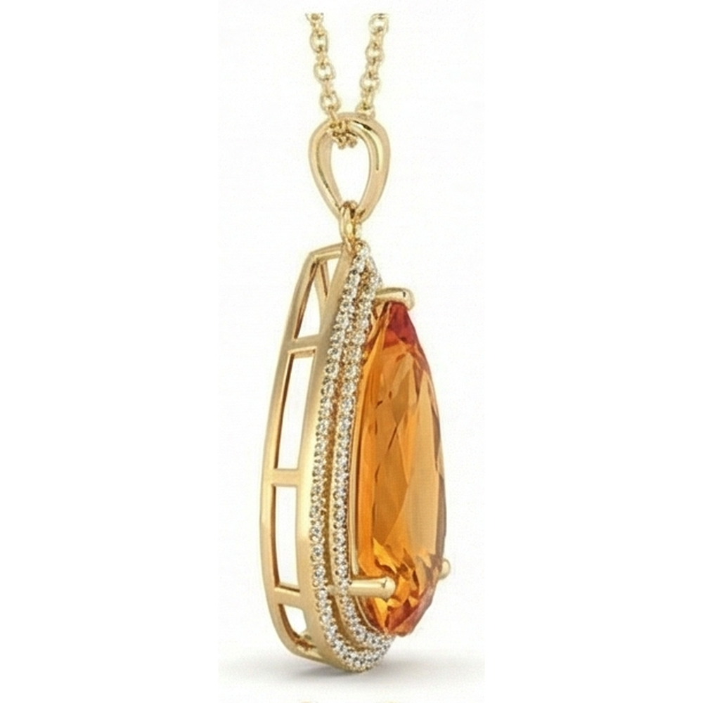 Yellow Gold 14K Pear Madeira Citrine With Round Natural Earth Mined Diamonds Pendant 21 Ct