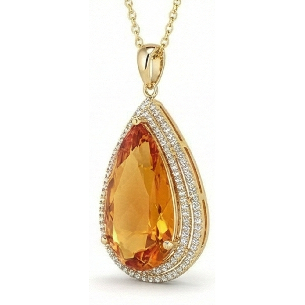 Yellow Gold 14K Pear Madeira Citrine With Round Natural Earth Mined Diamonds Pendant 21 Ct