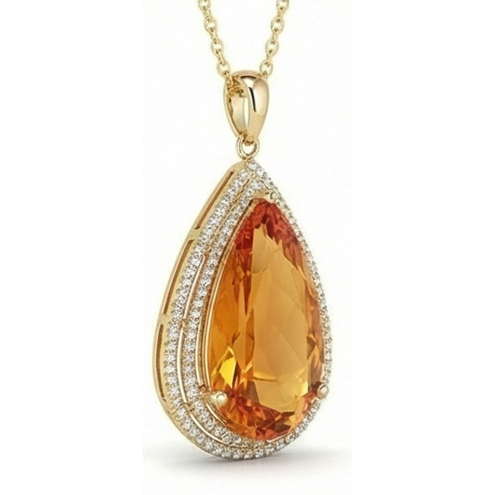 Yellow Gold 14K Pear Madeira Citrine With Round Natural Earth Mined Diamonds Pendant 21 Ct