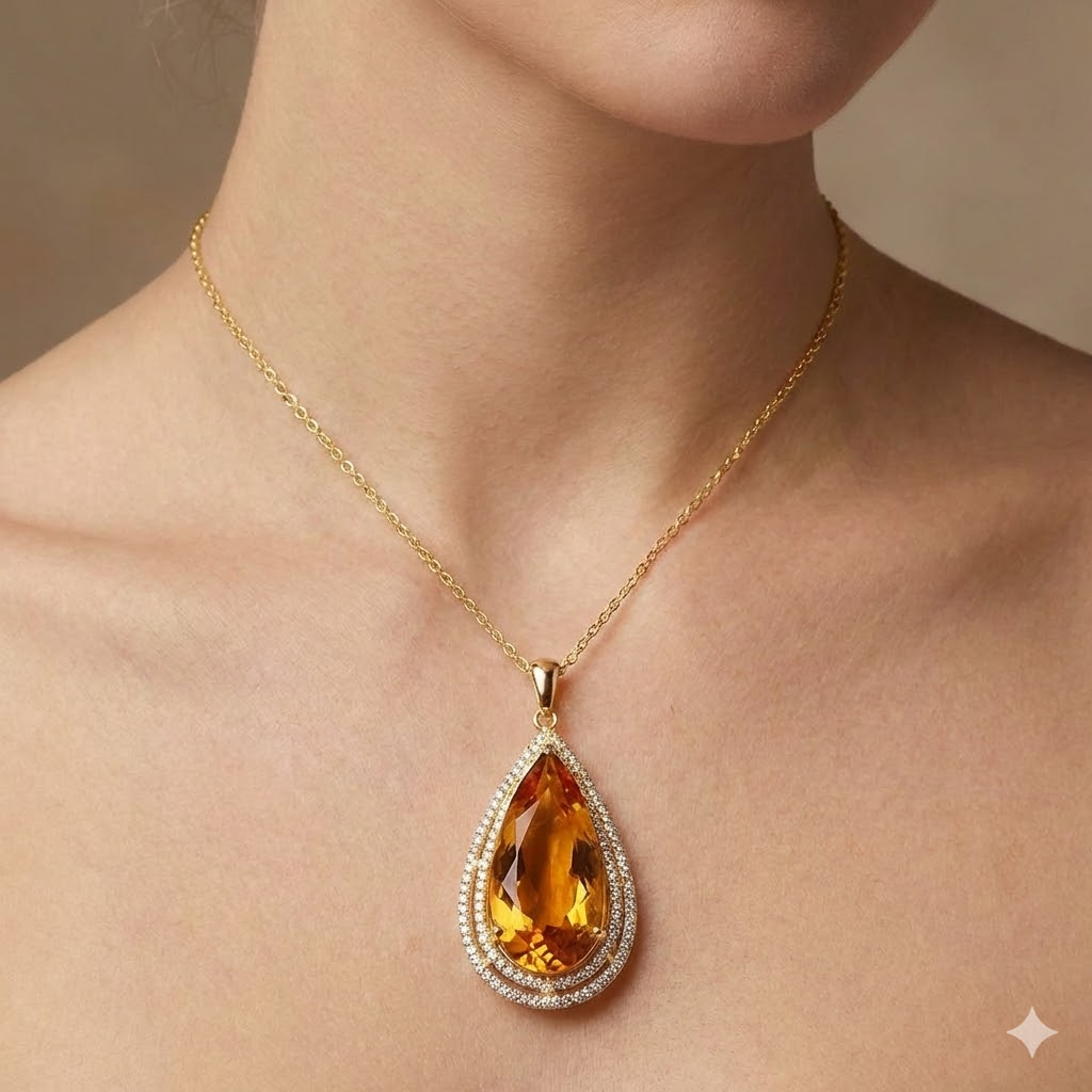 Yellow Gold 14K Pear Madeira Citrine With Round Natural Earth Mined Diamonds Pendant 21 Ct