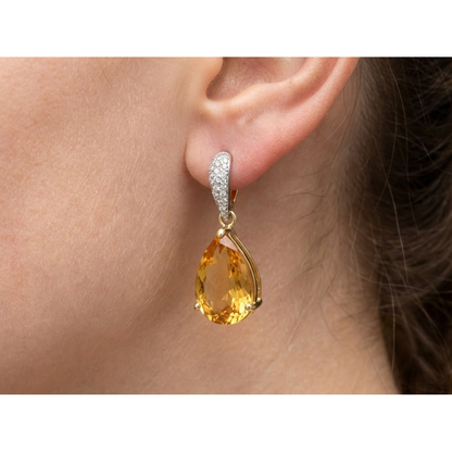 Yellow Gold 42.50 Ct Madeira Citrine And Natural Earth Mined Diamonds Lady Dangle Earrings