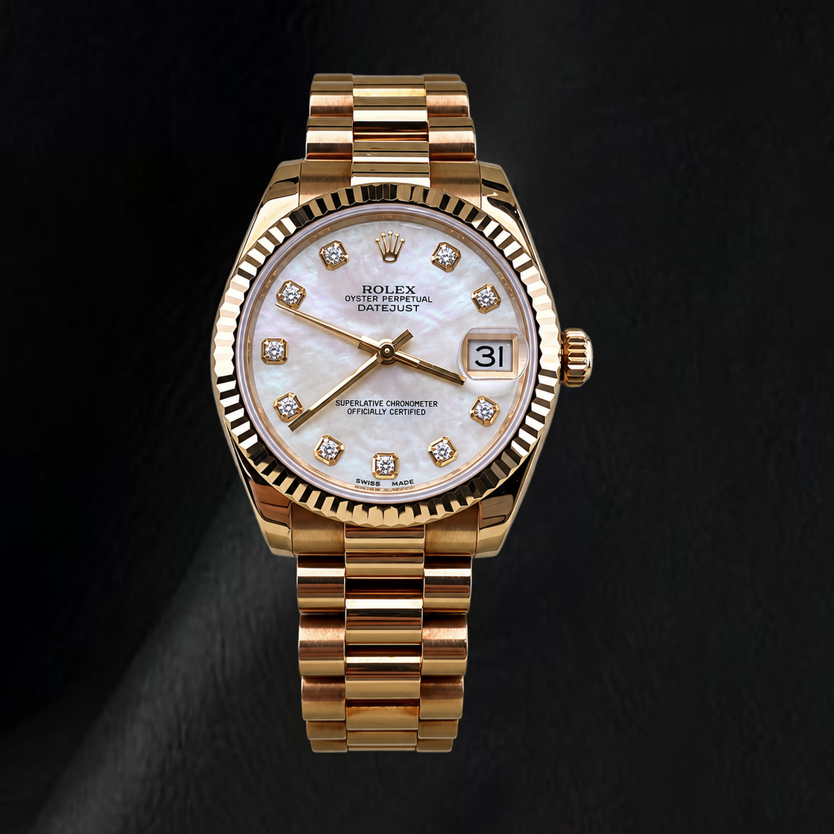 Yellow Gold Presidential Rolex 31 mm 2011 Year White Mother Of Pearl Diamond Dial Watch