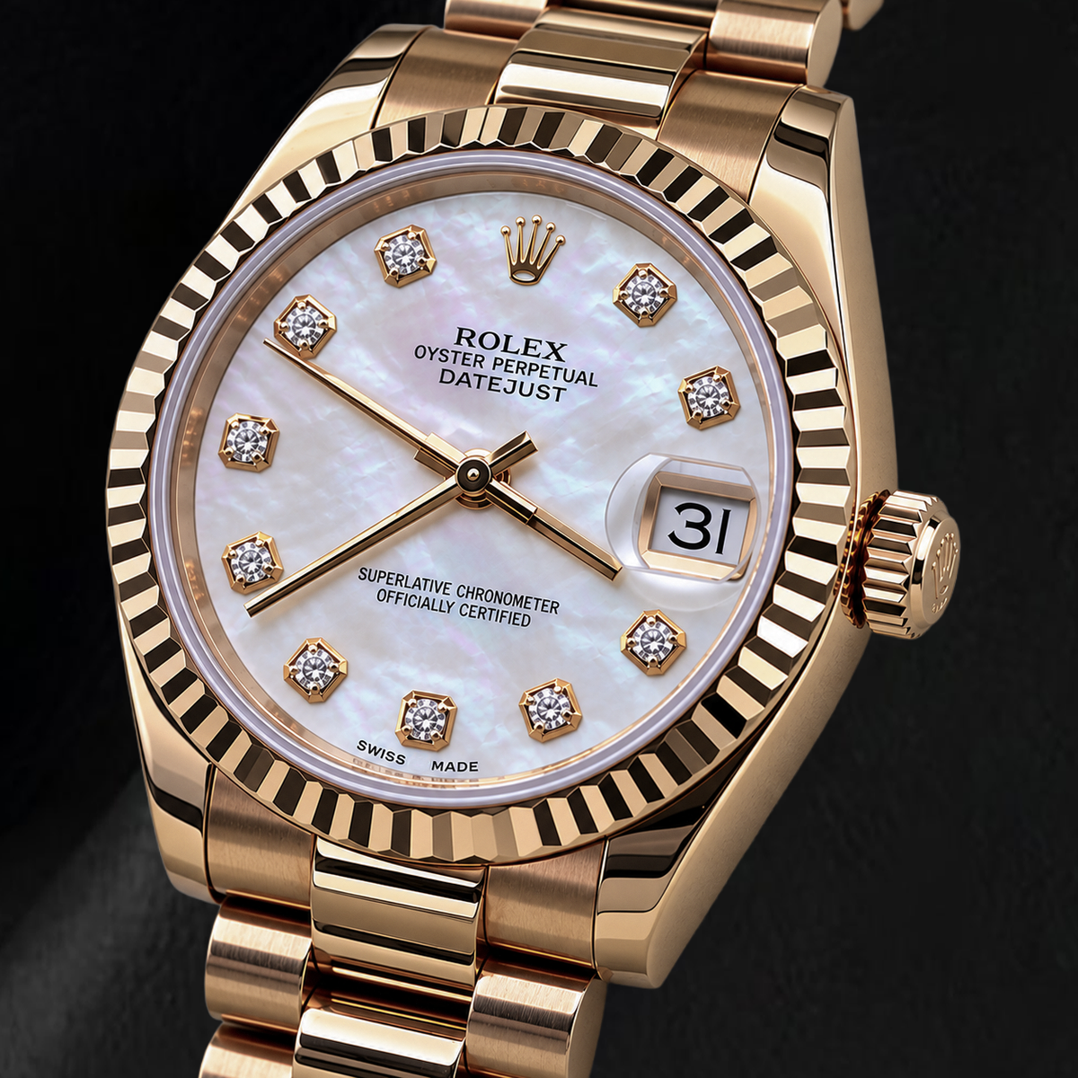 Yellow Gold Presidential Rolex 31 mm 2011 Year White Mother Of Pearl Diamond Dial Watch