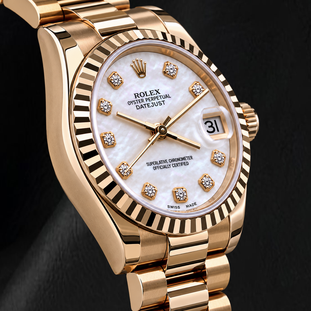 Yellow Gold Presidential Rolex 31 mm 2011 Year White Mother Of Pearl Diamond Dial Watch