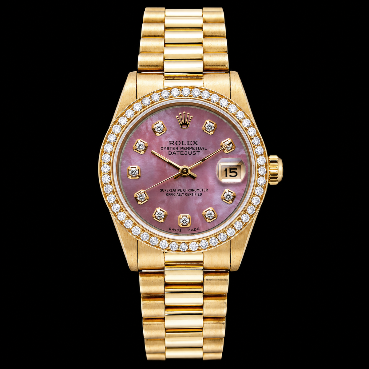 Yellow Gold Presidential Rolex 31 mm Burgundy Mother Of Pearl Diamond Dial Watch